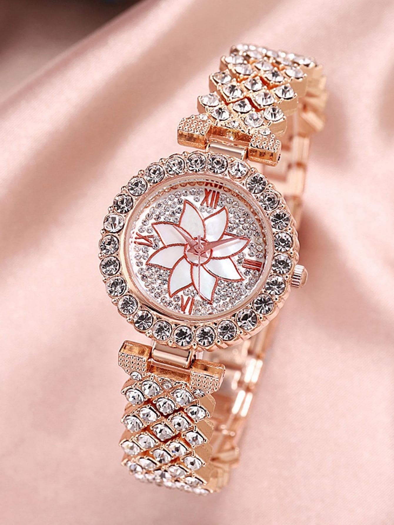 1Pc Rhinestone Decor Quartz Watch & 1Pc Bracelet